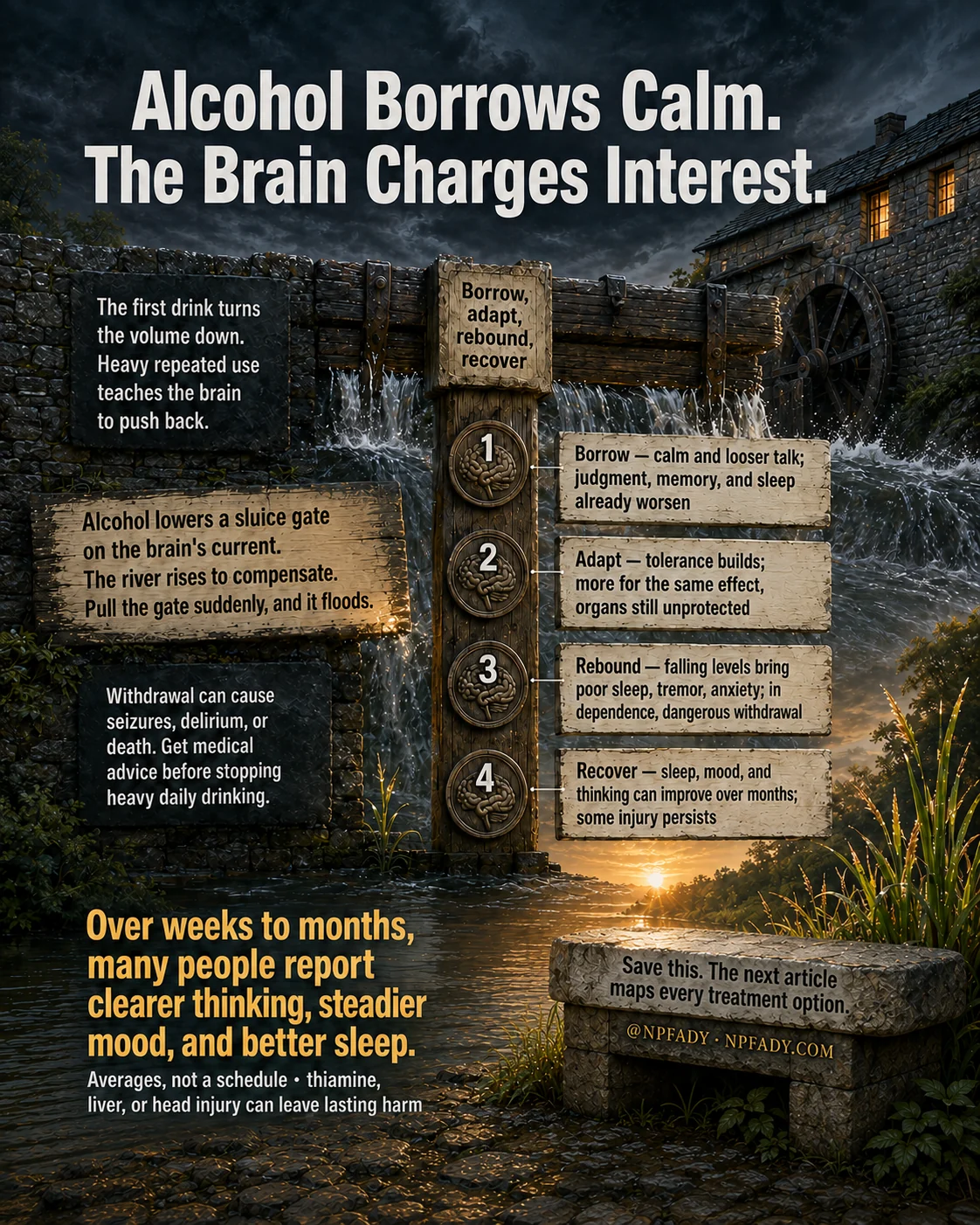 Infographic titled Alcohol Borrows Calm. The Brain Charges Interest, drawn as a stone mill and sluice gate on a river at dusk. A slate plate reads: The first drink turns the volume down. Heavy repeated use teaches the brain to push back. A wooden board reads: Alcohol lowers a sluice gate on the brain's current. The river rises to compensate. Pull the gate suddenly, and it floods. A dark plate reads: Withdrawal can cause seizures, delirium, or death. Get medical advice before stopping heavy daily drinking. A gate post labeled Borrow, adapt, rebound, recover carries four numbered plates. One: Borrow, calm and looser talk; judgment, memory, and sleep already worsen. Two: Adapt, tolerance builds; more for the same effect, organs still unprotected. Three: Rebound, falling levels bring poor sleep, tremor, anxiety; in dependence, dangerous withdrawal. Four: Recover, sleep, mood, and thinking can improve over months; some injury persists. Large text reads: Over weeks to months, many people report clearer thinking, steadier mood, and better sleep. Averages, not a schedule; thiamine, liver, or head injury can leave lasting harm. A stone bench reads: Save this. The next article maps every treatment option. At NPFADY, NPFADY.com.