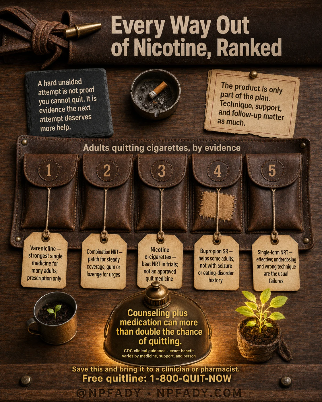 Infographic titled Every Way Out of Nicotine, Ranked, drawn as a leather tool roll on a workbench with five pockets and paper tags. A slate coaster reads: A hard unaided attempt is not proof you cannot quit. It is evidence the next attempt deserves more help. A pinned note reads: The product is only part of the plan. Technique, support, and follow-up matter as much. Under the heading Adults quitting cigarettes, by evidence, five numbered pockets read. One: Varenicline, strongest single medicine for many adults; prescription only. Two: Combination NRT, patch for steady coverage, gum or lozenge for urges. Three: Nicotine e-cigarettes, beat NRT in trials; not an approved quit medicine. Four: Bupropion SR, helps some adults; not with seizure or eating-disorder history. Five: Single-form NRT, effective; underdosing and wrong technique are the usual failures. A brass lamp plate reads: Counseling plus medication can more than double the chance of quitting. CDC clinical guidance; exact benefit varies by medicine, support, and person. A line reads: Save this and bring it to a clinician or pharmacist. Free quitline: 1-800-QUIT-NOW. The rail reads: at NPFADY, NPFADY.com.