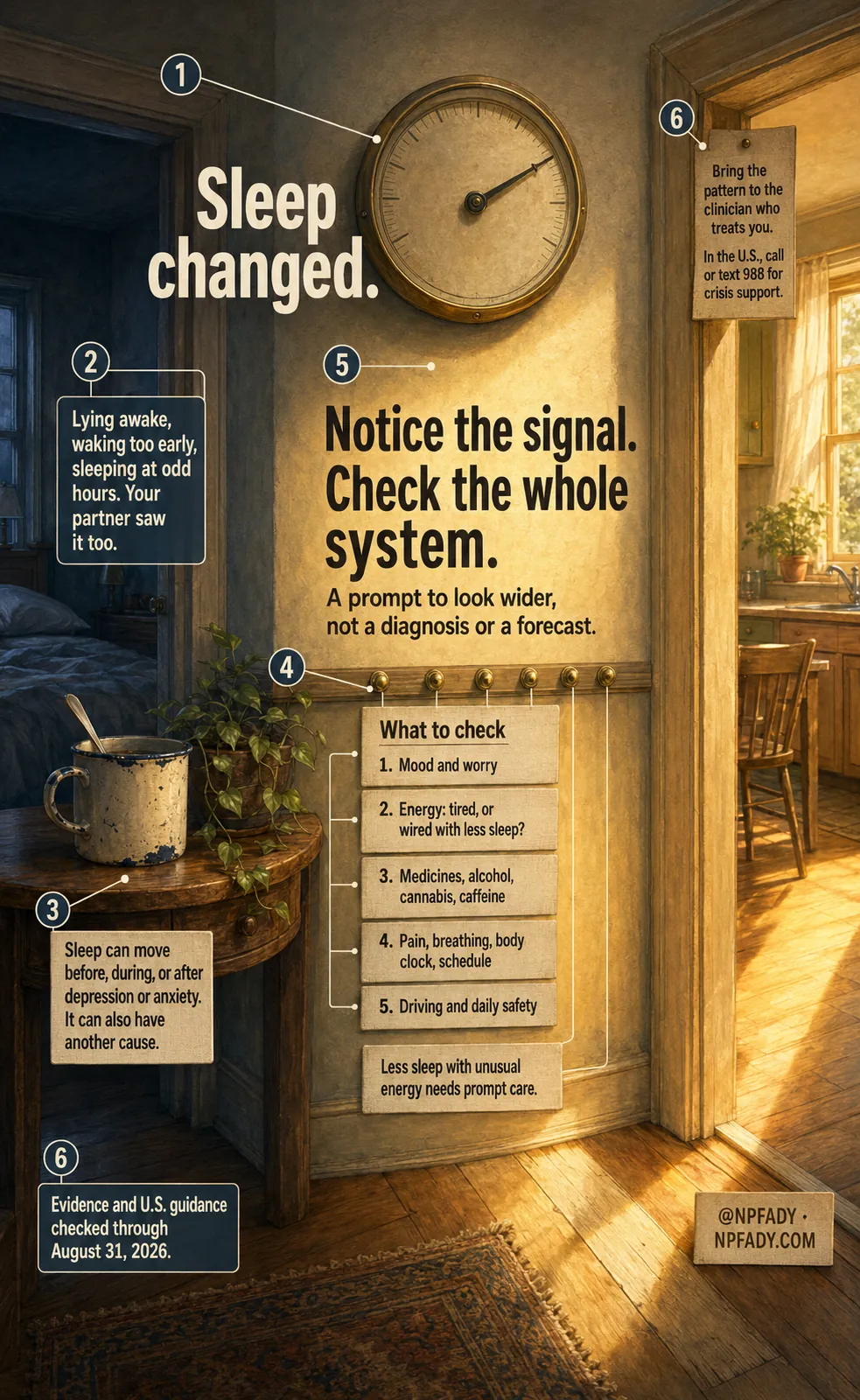 Infographic titled Sleep changed, drawn as a hallway between a dim blue bedroom and a warm sunlit kitchen, with a large barometer-style dial on the wall. A plate reads: Lying awake, waking too early, sleeping at odd hours. Your partner saw it too. Another reads: Sleep can move before, during, or after depression or anxiety. It can also have another cause. A large line reads: Notice the signal. Check the whole system. A prompt to look wider, not a diagnosis or a forecast. A panel headed What to check lists five items. One: Mood and worry. Two: Energy, tired, or wired with less sleep? Three: Medicines, alcohol, cannabis, caffeine. Four: Pain, breathing, body clock, schedule. Five: Driving and daily safety. Below it: Less sleep with unusual energy needs prompt care. A tag by the doorway reads: Bring the pattern to the clinician who treats you. In the U.S., call or text 988 for crisis support. The footer reads: Evidence and U.S. guidance checked through August 31, 2026. At NPFADY, NPFADY.com.