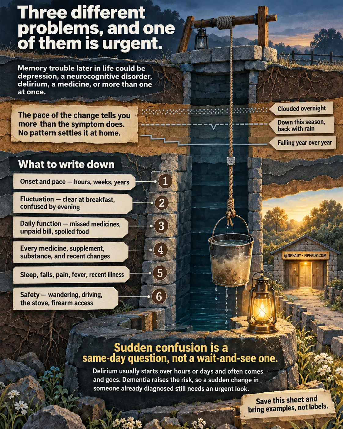 Infographic titled Three different problems, and one of them is urgent. The scene is a cutaway of a stone well at dusk, showing soil layers and roots beside the shaft, a rope and dripping bucket, a lantern on the rim, wildflowers, and a small stone shed with a lit doorway in the field beyond. Text under the title reads: Memory trouble later in life could be depression, a neurocognitive disorder, delirium, a medicine, or more than one at once. A parchment reads: The pace of the change tells you more than the symptom does. No pattern settles it at home. Three water-level marks on the shaft are labeled Clouded overnight, Down this season, back with rain, and Falling year over year. A panel headed What to write down lists six numbered lines. One: Onset and pace, hours, weeks, years. Two: Fluctuation, clear at breakfast, confused by evening. Three: Daily function, missed medicines, unpaid bill, spoiled food. Four: Every medicine, supplement, substance, and recent changes. Five: Sleep, falls, pain, fever, recent illness. Six: Safety, wandering, driving, the stove, firearm access. Golden text on the well rim reads: Sudden confusion is a same-day question, not a wait-and-see one. Delirium usually starts over hours or days and often comes and goes. Dementia raises the risk, so a sudden change in someone already diagnosed still needs an urgent look. A note at the lower right reads: Save this sheet and bring examples, not labels. The shed sign reads @NPFADY, NPFADY.COM.