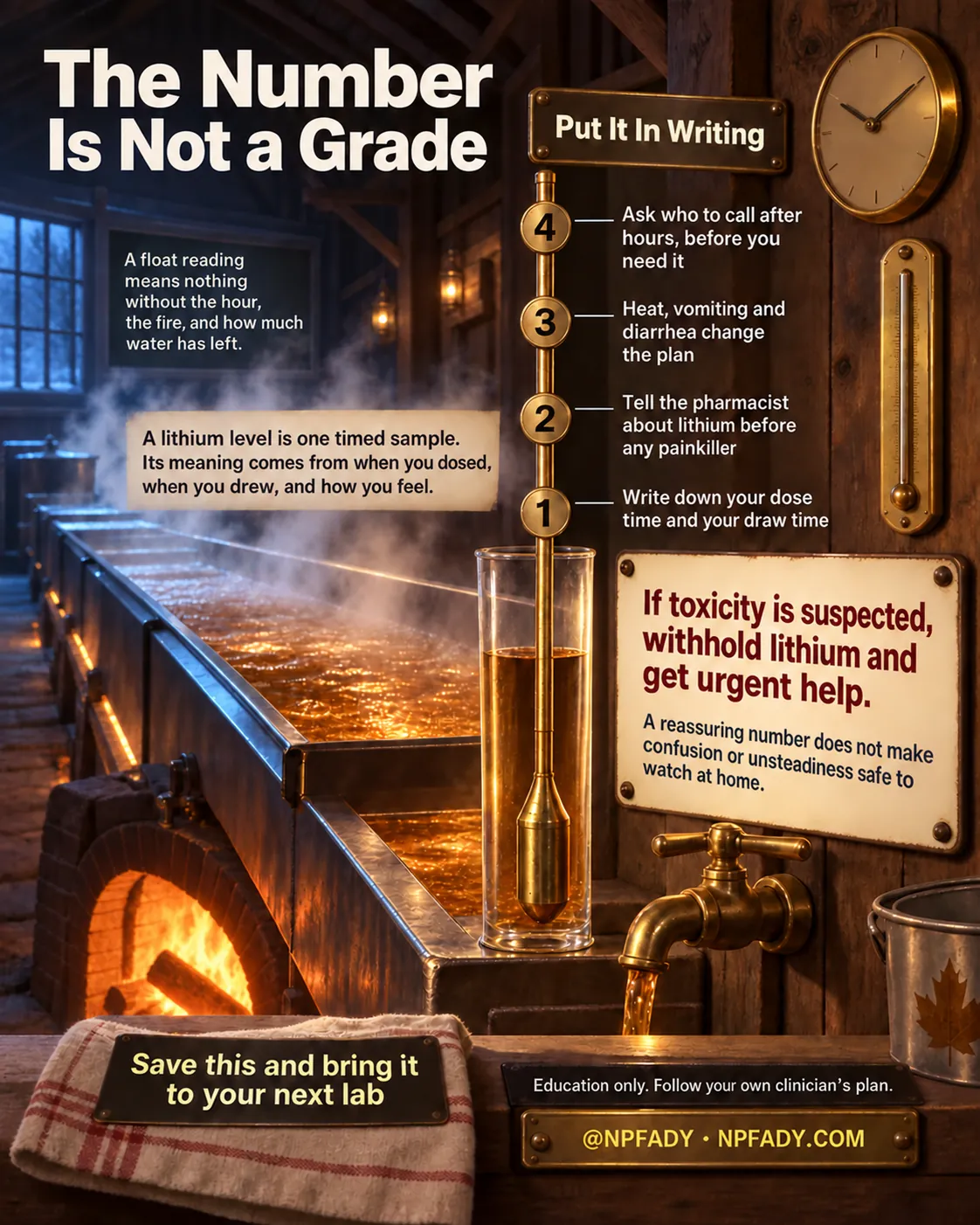 Infographic titled The Number Is Not a Grade. Inside a maple sugarhouse at dusk, a long evaporator pan steams over a glowing firebox. A brass hydrometer float stands in a glass cup, with four numbered graduations on its stem under the heading Put It In Writing. One: Write down your dose time and your draw time. Two: Tell the pharmacist about lithium before any painkiller. Three: Heat, vomiting and diarrhea change the plan. Four: Ask who to call after hours, before you need it. A slate on the left reads: A float reading means nothing without the hour, the fire, and how much water has left. A card reads: A lithium level is one timed sample. Its meaning comes from when you dosed, when you drew, and how you feel. An enamel sign in red reads: If toxicity is suspected, withhold lithium and get urgent help. A reassuring number does not make confusion or unsteadiness safe to watch at home. Bottom text: Save this and bring it to your next lab. Education only. Follow your own clinician's plan. @NPFADY, NPFADY.COM.