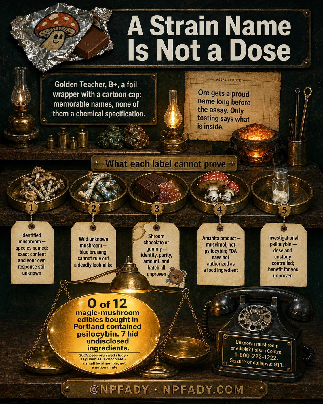 Infographic titled A Strain Name Is Not a Dose, drawn as an assayer's bench with brass lamps, sample trays, a scale, and a rotary telephone. A chalkboard reads: Golden Teacher, B plus, a foil wrapper with a cartoon cap: memorable names, none of them a chemical specification. A ledger page reads: Ore gets a proud name long before the assay. Only testing says what is inside. Under the heading What each label cannot prove, five numbered trays and tags read. One: Identified mushroom, species named; exact content and your own response still unknown. Two: Wild unknown mushroom, blue bruising cannot rule out a deadly look-alike. Three: Shroom chocolate or gummy, identity, purity, amount, and batch all unproven. Four: Amanita product, muscimol, not psilocybin; FDA says not authorized as a food ingredient. Five: Investigational psilocybin, dose and custody controlled; benefit for you unproven. A brass scale pan reads: 0 of 12 magic-mushroom edibles bought in Portland contained psilocybin. 7 hid undisclosed ingredients. 2025 peer-reviewed study, 11 gummies, 1 chocolate, a small local sample, not a national rate. A telephone placard reads: Unknown mushroom or edible? Poison Control 1-800-222-1222. Seizure or collapse: 911. The bench plate reads: at NPFADY, NPFADY.com.