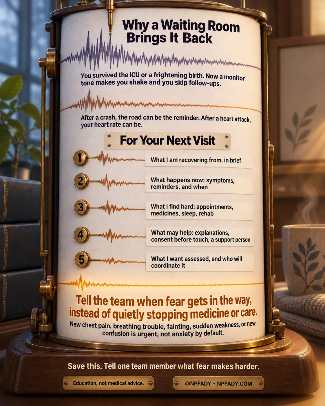 The image is one continuous handmade scene of a seismograph recording drum, with a great shock traced at the top and a calm line at the base. Reading top to bottom. Headline: Why a Waiting Room Brings It Back. Context: You survived the ICU or a frightening birth. Now a monitor tone makes you shake and you skip follow-ups. Core idea: After a crash, the road can be the reminder. After a heart attack, your heart rate can be. Under the heading For Your Next Visit, five numbered aftershock traces down the drum carry five items: one, what I am recovering from, in brief; two, what happens now: symptoms, reminders, and when; three, what I find hard: appointments, medicines, sleep, rehab; four, what may help: explanations, consent before touch, a support person; five, what I want assessed, and who will coordinate it. The highlighted conclusion reads: Tell the team when fear gets in the way, instead of quietly stopping medicine or care. With the qualifier: New chest pain, breathing trouble, fainting, sudden weakness, or new confusion is urgent, not anxiety by default. Closing lines: Save this. Tell one team member what fear makes harder. Education, not medical advice. Signed @NPFADY, NPFADY.COM.