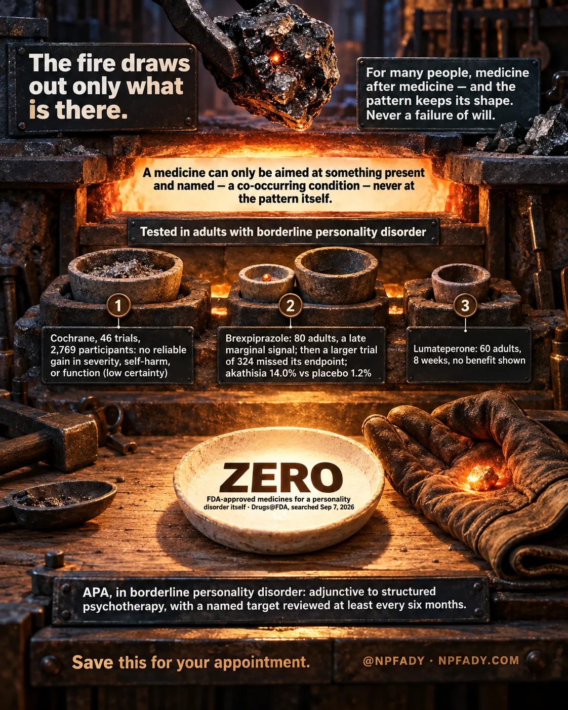 Infographic titled The fire draws out only what is there. The scene is a blacksmith's forge at night, with a glowing hearth, three stone crucibles on a bench, a hammer, gloves holding a glowing ember, and a white assay dish at the center. A plate at top right reads: For many people, medicine after medicine, and the pattern keeps its shape. Never a failure of will. A line across the hearth reads: A medicine can only be aimed at something present and named, a co-occurring condition, never at the pattern itself. A bar reads: Tested in adults with borderline personality disorder. Three numbered crucibles read: One, Cochrane, 46 trials, 2,769 participants: no reliable gain in severity, self-harm, or function, low certainty. Two, Brexpiprazole: 80 adults, a late marginal signal; then a larger trial of 324 missed its endpoint; akathisia 14.0 percent versus placebo 1.2 percent. Three, Lumateperone: 60 adults, 8 weeks, no benefit shown. The white dish reads: ZERO. FDA-approved medicines for a personality disorder itself, Drugs at FDA, searched Sep 7, 2026. A plate at the bottom reads: APA, in borderline personality disorder: adjunctive to structured psychotherapy, with a named target reviewed at least every six months. Closing text reads: Save this for your appointment. At NPFADY, NPFADY.COM.