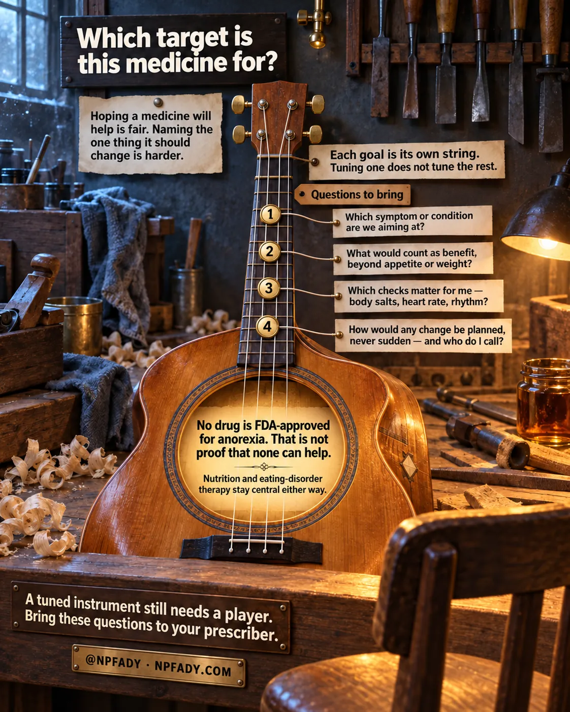 Infographic titled Which target is this medicine for, staged in a luthier's workshop with a part-finished guitar standing on the bench under a work lamp. An opening note reads: hoping a medicine will help is fair, naming the one thing it should change is harder. A label beside the tuning pegs reads: each goal is its own string, and tuning one does not tune the rest. Under the heading Questions to bring, four numbered tuning pegs each carry a question. One, which symptom or condition are we aiming at. Two, what would count as benefit, beyond appetite or weight. Three, which checks matter for me, meaning body salts, heart rate, rhythm. Four, how would any change be planned, never sudden, and who do I call. Inside the sound hole a panel reads: no drug is FDA approved for anorexia, and that is not proof that none can help, with a line adding that nutrition and eating disorder therapy stay central either way. A brass plate on the bench reads: a tuned instrument still needs a player, bring these questions to your prescriber. The footer reads at NPFADY and NPFADY.COM.