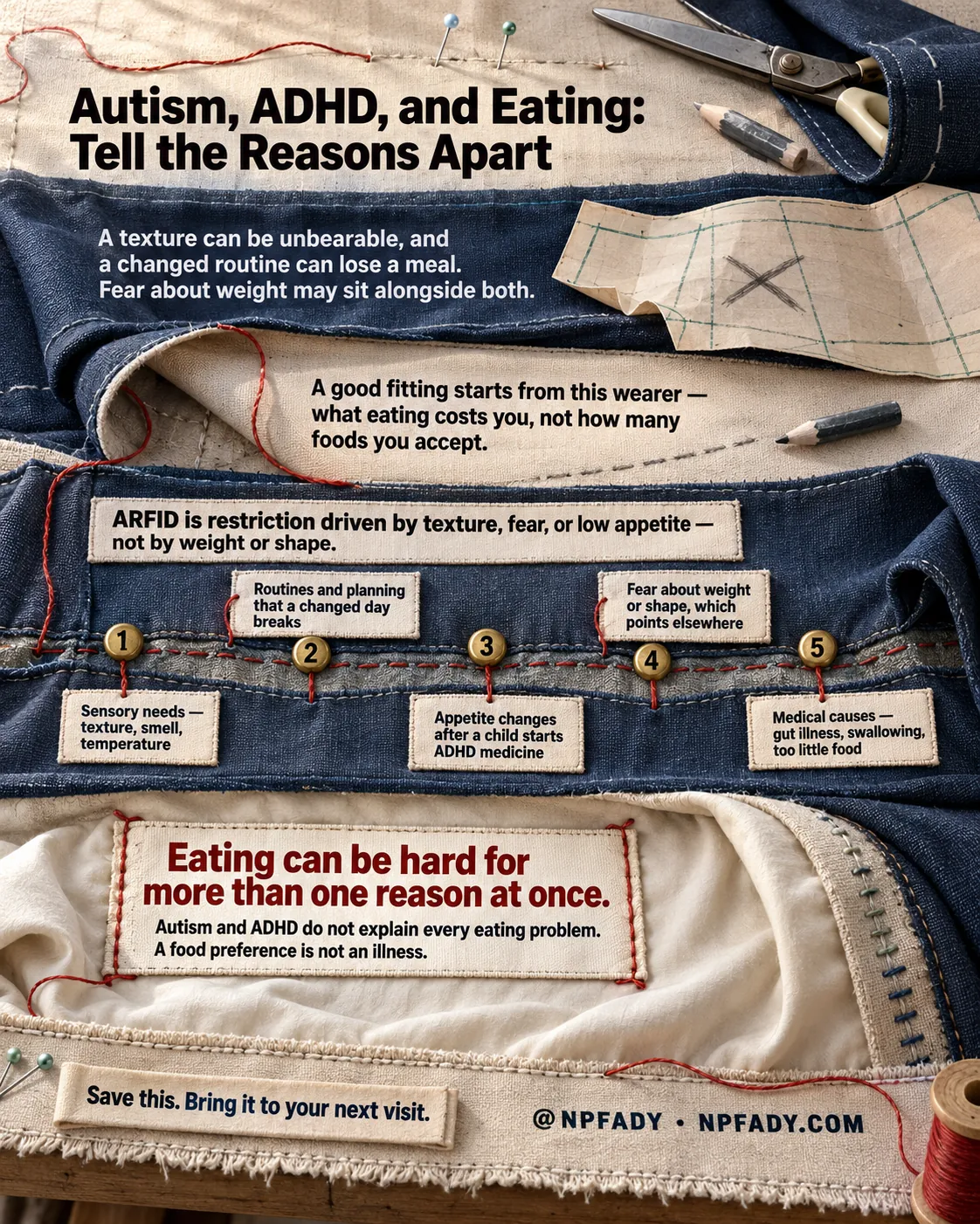 Infographic titled Autism, ADHD, and Eating, Tell the Reasons Apart, staged on a tailor's bench with denim, calico lining, pattern paper, pins, scissors and thread. An opening line reads: a texture can be unbearable, and a changed routine can lose a meal, and fear about weight may sit alongside both. A panel on the lining carries the comparison: a good fitting starts from this wearer, meaning what eating costs you, not how many foods you accept. A stitched label reads: ARFID is restriction driven by texture, fear, or low appetite, not by weight or shape. Five numbered buttons along the seam each carry a reason. One, sensory needs, meaning texture, smell, temperature. Two, routines and planning that a changed day breaks. Three, appetite changes after a child starts ADHD medicine. Four, fear about weight or shape, which points elsewhere. Five, medical causes, meaning gut illness, swallowing, too little food. A large stitched panel reads: eating can be hard for more than one reason at once, with a line adding that autism and ADHD do not explain every eating problem, and a food preference is not an illness. A closing label reads: save this, bring it to your next visit, beside at NPFADY and NPFADY.COM.