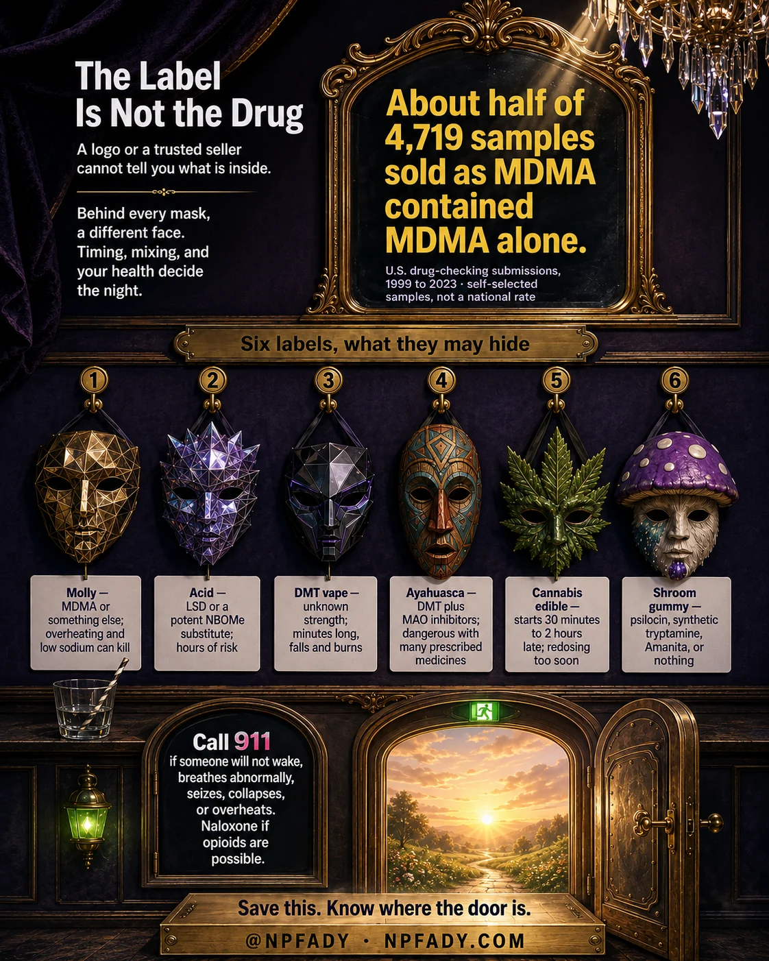 Infographic titled The Label Is Not the Drug, drawn as a masquerade wall in a dark theater with six masks and an open exit door onto a sunrise. Text reads: A logo or a trusted seller cannot tell you what is inside. Behind every mask, a different face. Timing, mixing, and your health decide the night. A gilded mirror reads: About half of 4,719 samples sold as MDMA contained MDMA alone. U.S. drug-checking submissions, 1999 to 2023; self-selected samples, not a national rate. Under the heading Six labels, what they may hide, six numbered masks read. One: Molly, MDMA or something else; overheating and low sodium can kill. Two: Acid, LSD or a potent NBOMe substitute; hours of risk. Three: DMT vape, unknown strength; minutes long, falls and burns. Four: Ayahuasca, DMT plus MAO inhibitors; dangerous with many prescribed medicines. Five: Cannabis edible, starts 30 minutes to 2 hours late; redosing too soon. Six: Shroom gummy, psilocin, synthetic tryptamine, Amanita, or nothing. A dark plate reads: Call 911 if someone will not wake, breathes abnormally, seizes, collapses, or overheats. Naloxone if opioids are possible. The base reads: Save this. Know where the door is. At NPFADY, NPFADY.com.