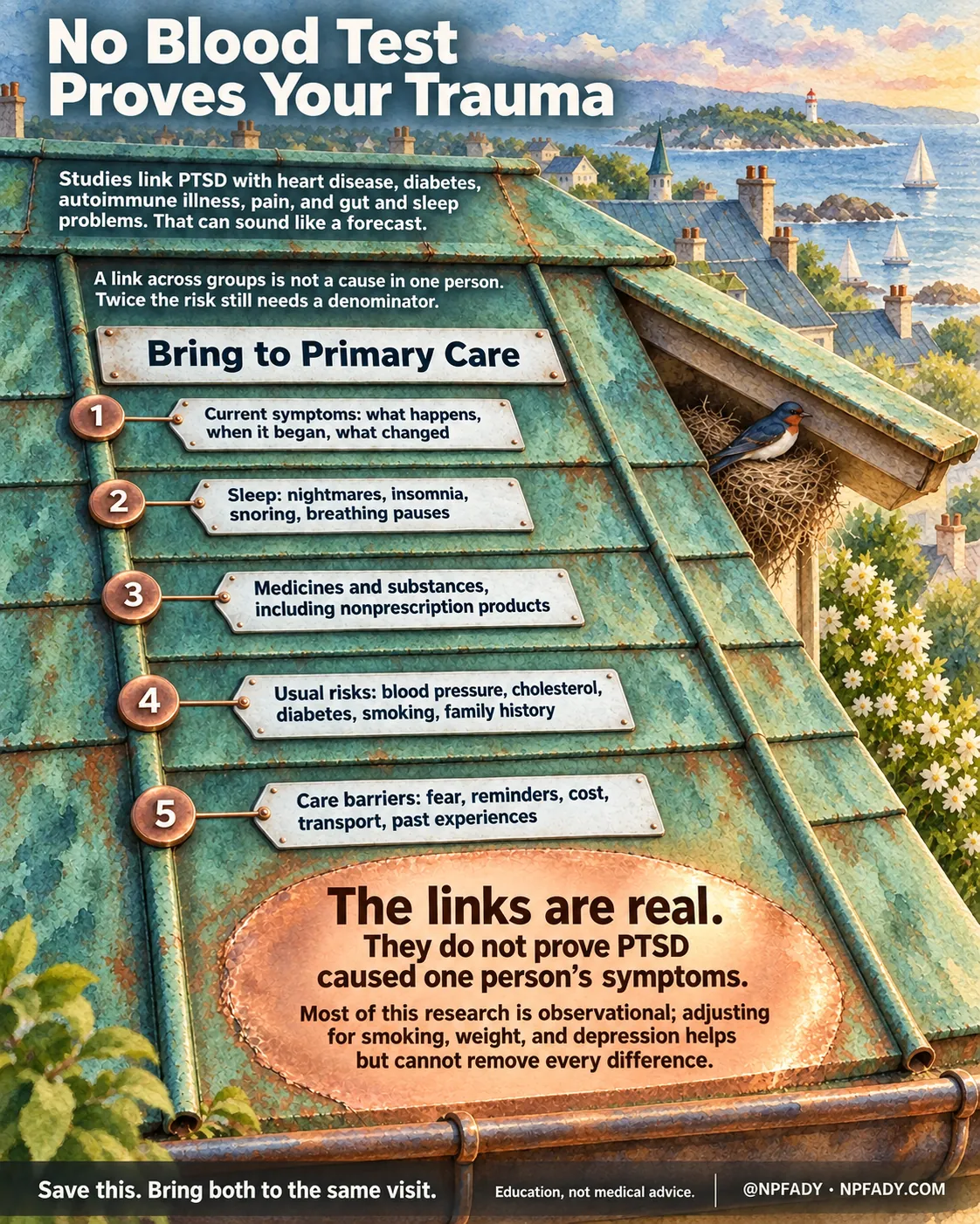The image is one continuous watercolor of a copper roof by the sea, green with weathering, with one patch polished bright at the bottom. Reading top to bottom. Headline: No Blood Test Proves Your Trauma. Context: Studies link PTSD with heart disease, diabetes, autoimmune illness, pain, and gut and sleep problems. That can sound like a forecast. Core idea: A link across groups is not a cause in one person. Twice the risk still needs a denominator. Under the heading Bring to Primary Care, five numbered standing seams down the roof carry five items: one, current symptoms: what happens, when it began, what changed; two, sleep: nightmares, insomnia, snoring, breathing pauses; three, medicines and substances, including nonprescription products; four, usual risks: blood pressure, cholesterol, diabetes, smoking, family history; five, care barriers: fear, reminders, cost, transport, past experiences. The highlighted conclusion reads: The links are real. They do not prove PTSD caused one person's symptoms. With the qualifier: Most of this research is observational; adjusting for smoking, weight, and depression helps but cannot remove every difference. Closing lines: Save this. Bring both to the same visit. Education, not medical advice. Signed @NPFADY, NPFADY.COM.