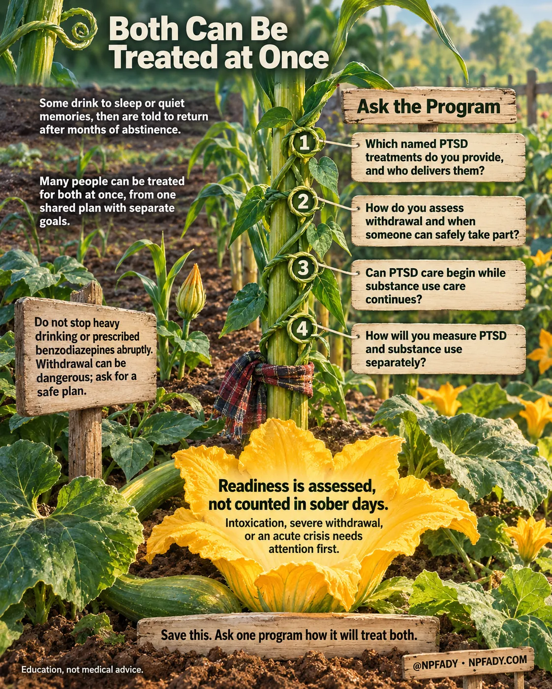The image is one continuous watercolor of a garden row in which corn, beans and squash are raised together on one mound. Reading top to bottom. Headline: Both Can Be Treated at Once. Context: Some drink to sleep or quiet memories, then are told to return after months of abstinence. Core idea: Many people can be treated for both at once, from one shared plan with separate goals. Under the heading Ask the Program, four numbered tendril knots on a corn stalk carry four items: one, which named PTSD treatments do you provide, and who delivers them?; two, how do you assess withdrawal and when someone can safely take part?; three, can PTSD care begin while substance use care continues?; four, how will you measure PTSD and substance use separately? A separate un-numbered sign reads: Do not stop heavy drinking or prescribed benzodiazepines abruptly. Withdrawal can be dangerous; ask for a safe plan. The highlighted conclusion reads: Readiness is assessed, not counted in sober days. With the qualifier: Intoxication, severe withdrawal, or an acute crisis needs attention first. Closing lines: Save this. Ask one program how it will treat both. Education, not medical advice. Signed @NPFADY, NPFADY.COM.