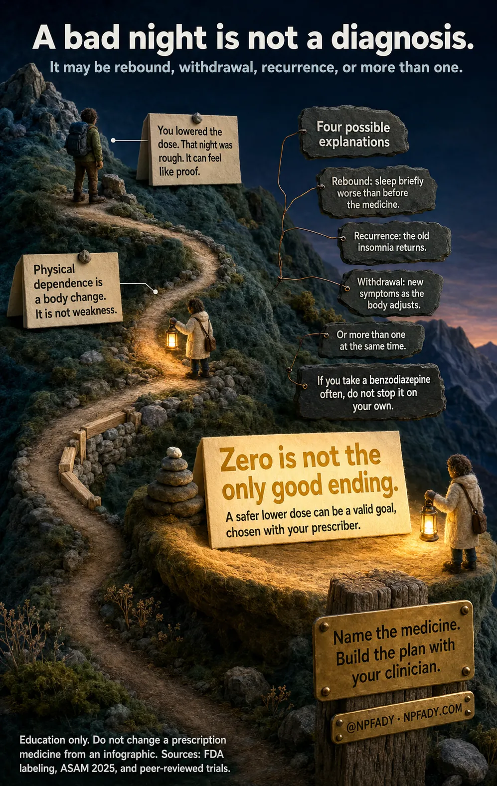 Infographic titled A bad night is not a diagnosis, subtitled It may be rebound, withdrawal, recurrence, or more than one. A miniature mountain landscape at dusk shows a switchback path climbing past two figures carrying lanterns. A plate reads: You lowered the dose. That night was rough. It can feel like proof. Another reads: Physical dependence is a body change. It is not weakness. A group of stone plates headed Four possible explanations reads: Rebound, sleep briefly worse than before the medicine. Recurrence, the old insomnia returns. Withdrawal, new symptoms as the body adjusts. Or more than one at the same time. A further plate reads: If you take a benzodiazepine often, do not stop it on your own. A large lit sign on the path reads: Zero is not the only good ending. A safer lower dose can be a valid goal, chosen with your prescriber. A signpost reads: Name the medicine. Build the plan with your clinician. The footer reads: Education only. Do not change a prescription medicine from an infographic. Sources: FDA labeling, ASAM 2025, and peer-reviewed trials. At NPFADY, NPFADY.com.