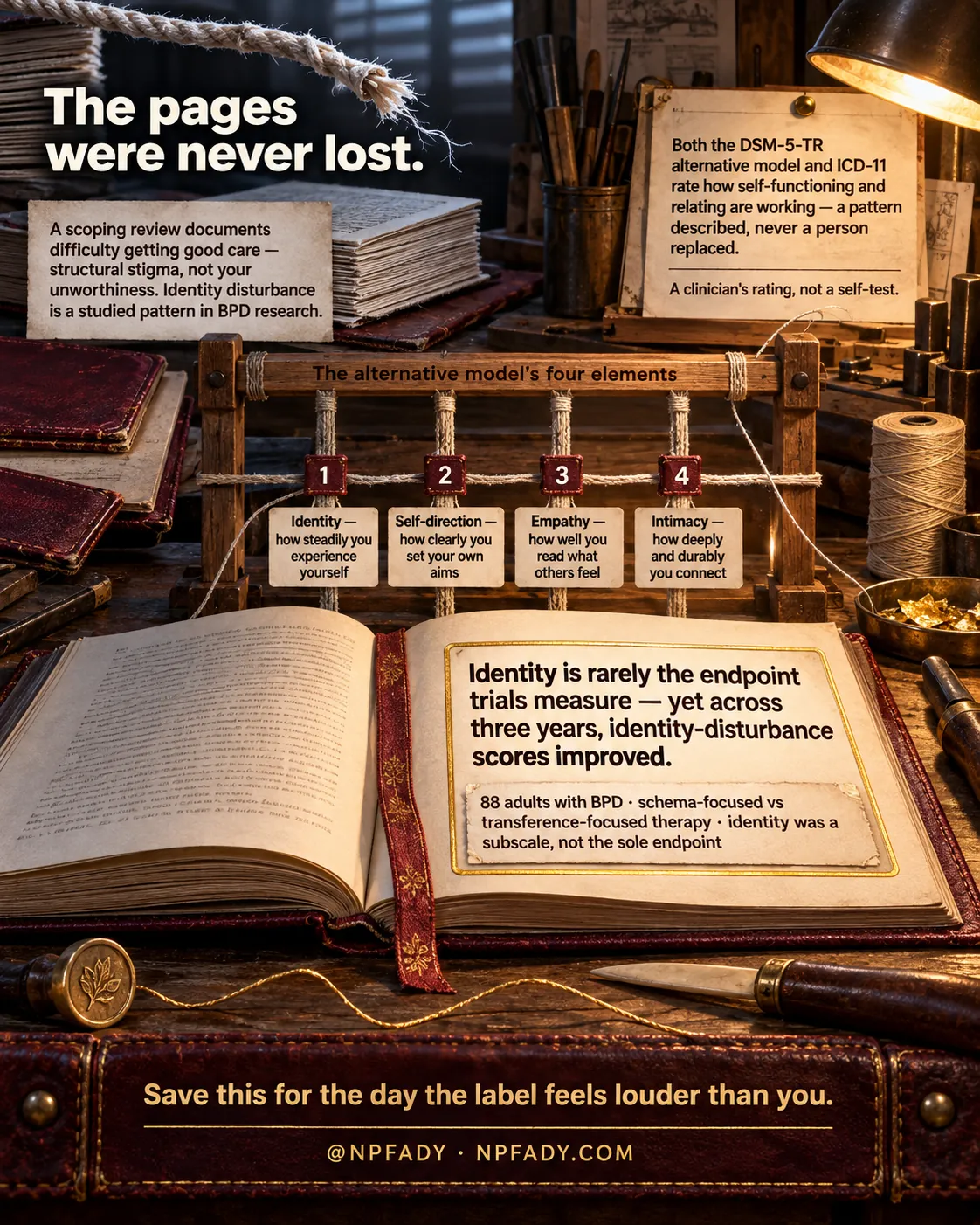 Infographic titled The pages were never lost. The scene is a bookbinder's bench under a lamp, with an open leather-bound book, a wooden sewing frame holding four cords, stacks of loose pages, a wax seal, a bone folder, spools of thread, and gold leaf in a dish. A card reads: A scoping review documents difficulty getting good care, structural stigma, not your unworthiness. Identity disturbance is a studied pattern in BPD research. A card on the right reads: Both the DSM-5-TR alternative model and ICD-11 rate how self-functioning and relating are working, a pattern described, never a person replaced. A clinician's rating, not a self-test. The sewing frame is labeled The alternative model's four elements, with four numbered tags: One, Identity, how steadily you experience yourself. Two, Self-direction, how clearly you set your own aims. Three, Empathy, how well you read what others feel. Four, Intimacy, how deeply and durably you connect. A gilt panel on the open book reads: Identity is rarely the endpoint trials measure, yet across three years, identity-disturbance scores improved. 88 adults with BPD, schema-focused versus transference-focused therapy, identity was a subscale, not the sole endpoint. A strip along the bench reads: Save this for the day the label feels louder than you. At NPFADY, NPFADY.COM.