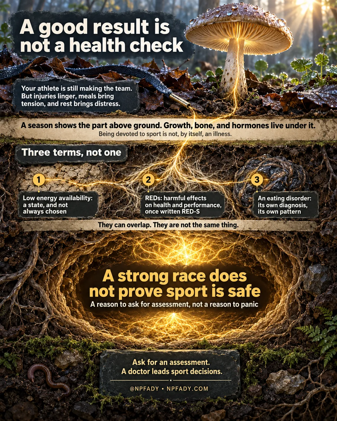 Infographic titled A good result is not a health check, drawn as a forest floor in cross section, with a single mushroom above ground and a glowing network of threads spreading through the soil beneath it. An opening panel reads: your athlete is still making the team, but injuries linger, meals bring tension, and rest brings distress. A band across the soil line reads: a season shows the part above ground, and growth, bone, and hormones live under it, with a smaller line adding that being devoted to sport is not, by itself, an illness. Under the heading Three terms, not one, three numbered nodes in the network each carry a term. One, low energy availability, which is a state, and not always chosen. Two, REDs, meaning harmful effects on health and performance, once written RED-S. Three, an eating disorder, which is its own diagnosis with its own pattern. A band below reads: they can overlap, and they are not the same thing. In the glowing hollow beneath, a large line reads: a strong race does not prove sport is safe, with a smaller line adding that this is a reason to ask for assessment, not a reason to panic. A closing plate reads: ask for an assessment, a doctor leads sport decisions, above at NPFADY and NPFADY.COM.