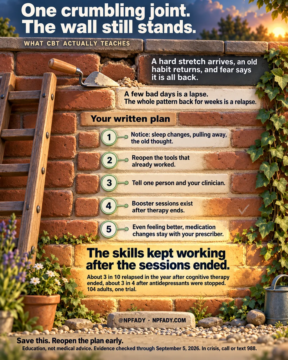 The image is one continuous photorealistic scene of a red brick garden wall at golden hour: one joint near the top is crumbling under a trowel and fresh mortar, a wooden ladder leans against the bricks, ivy climbs one side, and lavender, a watering can and clay pots sit at the base. Reading top to bottom. Headline: One crumbling joint. The wall still stands. Series label: What CBT Actually Teaches. Context: A hard stretch arrives, an old habit returns, and fear says it is all back. Core idea: A few bad days is a lapse. The whole pattern back for weeks is a relapse. Under the heading Your written plan, five numbered bricks carry five items: one, notice: sleep changes, pulling away, the old thought; two, reopen the tools that already worked; three, tell one person and your clinician; four, booster sessions exist after therapy ends; five, even feeling better, medication changes stay with your prescriber. The highlighted conclusion on the sunlit bricks reads: The skills kept working after the sessions ended. With the evidence line: About 3 in 10 relapsed in the year after cognitive therapy ended, about 3 in 4 after antidepressants were stopped. 104 adults, one trial. Signed @NPFADY, NPFADY.COM. Closing lines: Save this. Reopen the plan early. Education, not medical advice. Evidence checked through September 5, 2026. In crisis, call or text 988.