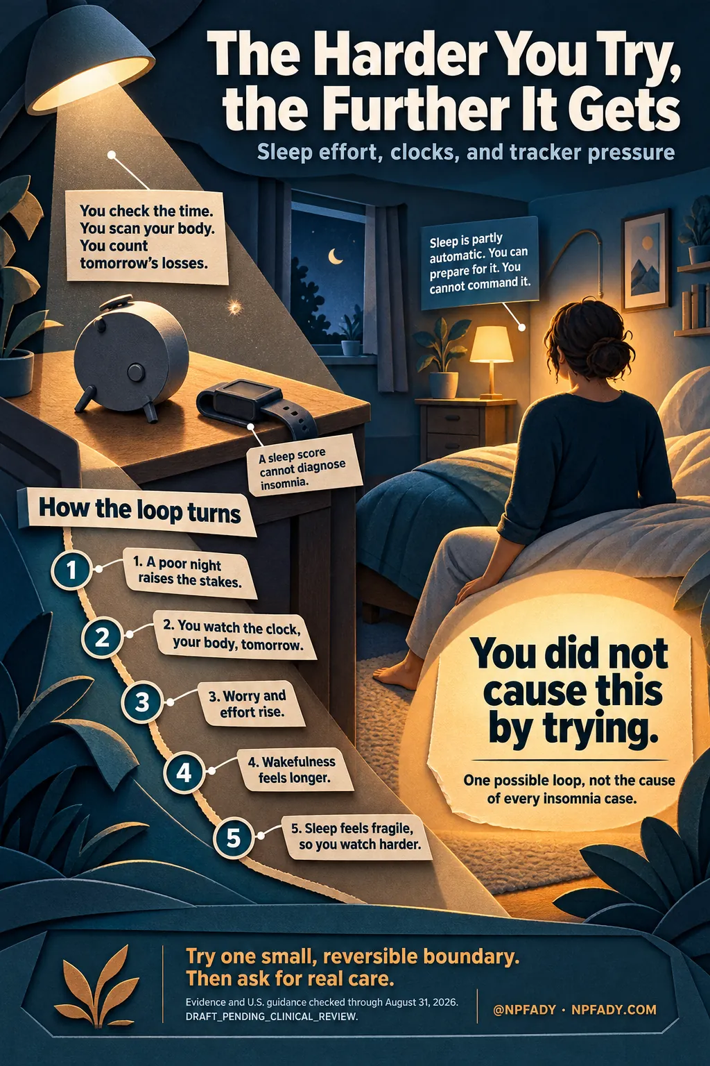 Infographic titled The harder you try, the further it gets, subtitled Sleep effort, clocks, and tracker pressure. A layered cut-paper bedroom at night shows a person sitting on the edge of a bed, with a desk lamp spotlighting an alarm clock and a wrist tracker. A plate reads: You check the time. You scan your body. You count tomorrow's losses. Another reads: Sleep is partly automatic. You can prepare for it. You cannot command it. A tag beside the tracker reads: A sleep score cannot diagnose insomnia. A panel headed How the loop turns lists five steps. One: A poor night raises the stakes. Two: You watch the clock, your body, tomorrow. Three: Worry and effort rise. Four: Wakefulness feels longer. Five: Sleep feels fragile, so you watch harder. A glowing pool of lamplight on the floor reads: You did not cause this by trying. One possible loop, not the cause of every insomnia case. The base reads: Try one small, reversible boundary. Then ask for real care. Evidence and U.S. guidance checked through August 31, 2026. At NPFADY, NPFADY.com.