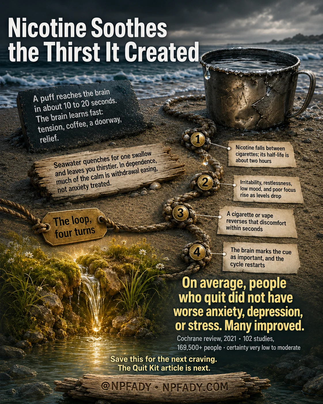 Infographic titled Nicotine Soothes the Thirst It Created, drawn as a rocky shoreline with a battered metal cup of seawater and a rope knotted into a loop. A slate reads: A puff reaches the brain in about 10 to 20 seconds. The brain learns fast: tension, coffee, a doorway, relief. A driftwood board reads: Seawater quenches for one swallow and leaves you thirstier. In dependence, much of the calm is withdrawal easing, not anxiety treated. A brass tag reads: The loop, four turns. Four numbered knots read. One: Nicotine falls between cigarettes; its half-life is about two hours. Two: Irritability, restlessness, low mood, and poor focus rise as levels drop. Three: A cigarette or vape reverses that discomfort within seconds. Four: The brain marks the cue as important, and the cycle restarts. Large text reads: On average, people who quit did not have worse anxiety, depression, or stress. Many improved. Cochrane review, 2021, 102 studies, 169,500 plus people, certainty very low to moderate. A line reads: Save this for the next craving. The Quit Kit article is next. Driftwood at the base reads: at NPFADY, NPFADY.com.