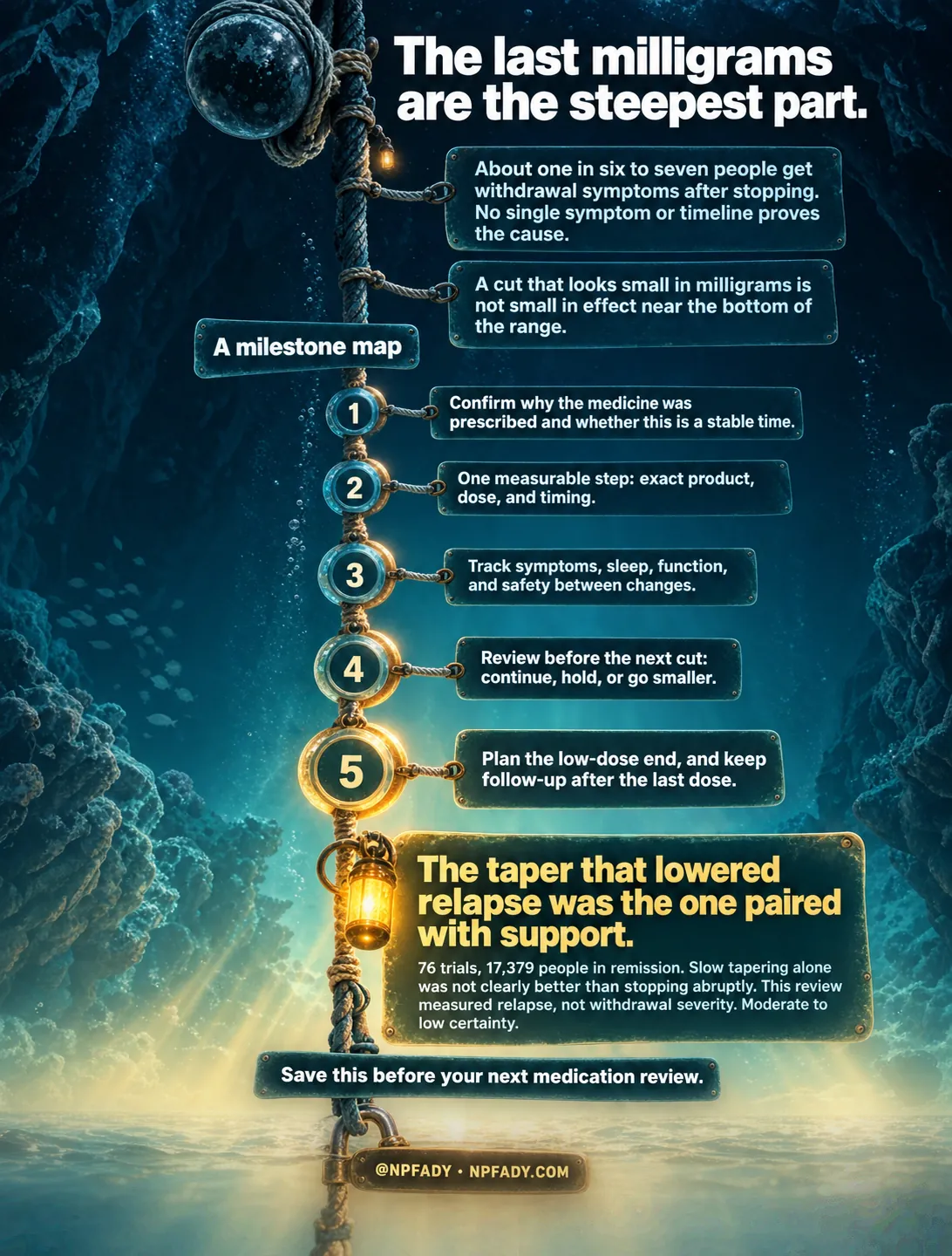 Infographic titled The last milligrams are the steepest part. The scene is an anchor line dropping through a deep blue underwater canyon toward a sunlit seabed, with a dark buoy at the top, five numbered brass rings down the rope, and a glowing lantern near the bottom. A sign near the top reads: About one in six to seven people get withdrawal symptoms after stopping. No single symptom or timeline proves the cause. A second sign reads: A cut that looks small in milligrams is not small in effect near the bottom of the range. A panel headed A milestone map lists five numbered steps. One: Confirm why the medicine was prescribed and whether this is a stable time. Two: One measurable step: exact product, dose, and timing. Three: Track symptoms, sleep, function, and safety between changes. Four: Review before the next cut: continue, hold, or go smaller. Five: Plan the low-dose end, and keep follow-up after the last dose. A large golden plate reads: The taper that lowered relapse was the one paired with support. 76 trials, 17,379 people in remission. Slow tapering alone was not clearly better than stopping abruptly. This review measured relapse, not withdrawal severity. Moderate to low certainty. A plate near the bottom reads: Save this before your next medication review. A brass tag reads @NPFADY, NPFADY.COM.