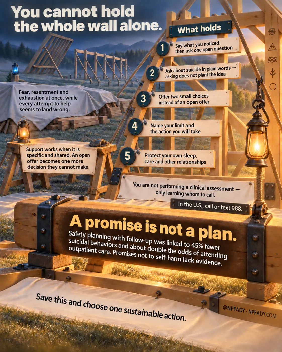 Infographic titled You cannot hold the whole wall alone. The scene is a timber-frame wall being raised in a misty field at dawn, with lanterns, a sawhorse, stacked lumber under canvas, a rope and pulley, and mountains behind. Text on the left reads: Fear, resentment and exhaustion at once, while every attempt to help seems to land wrong. A board on the sawhorse reads: Support works when it is specific and shared. An open offer becomes one more decision they cannot make. A ladder headed What holds carries five numbered rungs. One: Say what you noticed, then ask one open question. Two: Ask about suicide in plain words, asking does not plant the idea. Three: Offer two small choices instead of an open offer. Four: Name your limit and the action you will take. Five: Protect your own sleep, care and other relationships. A canvas banner reads: You are not performing a clinical assessment, only learning whom to call. A small plate reads: In the U.S., call or text 988. A large beam reads: A promise is not a plan. Safety planning with follow-up was linked to 45% fewer suicidal behaviors and about double the odds of attending outpatient care. Promises not to self-harm lack evidence. Text on the ground cloth reads: Save this and choose one sustainable action. @NPFADY, NPFADY.COM.