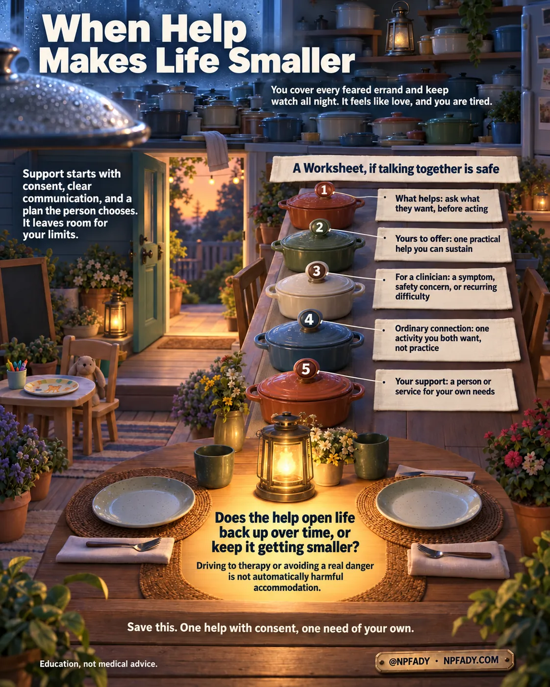 The image is one continuous soft dimensional cutaway of a house at dusk, from a crowded kitchen at the top to a lantern-lit porch table at the bottom. Reading top to bottom. Headline: When Help Makes Life Smaller. Context: You cover every feared errand and keep watch all night. It feels like love, and you are tired. Core idea: Support starts with consent, clear communication, and a plan the person chooses. It leaves room for your limits. Under the heading A Worksheet, if talking together is safe, five numbered covered dishes along the porch table carry five items: one, what helps: ask what they want, before acting; two, yours to offer: one practical help you can sustain; three, for a clinician: a symptom, safety concern, or recurring difficulty; four, ordinary connection: one activity you both want, not practice; five, your support: a person or service for your own needs. The highlighted conclusion reads: Does the help open life back up over time, or keep it getting smaller? With the qualifier: Driving to therapy or avoiding a real danger is not automatically harmful accommodation. Closing lines: Save this. One help with consent, one need of your own. Education, not medical advice. Signed @NPFADY, NPFADY.COM.