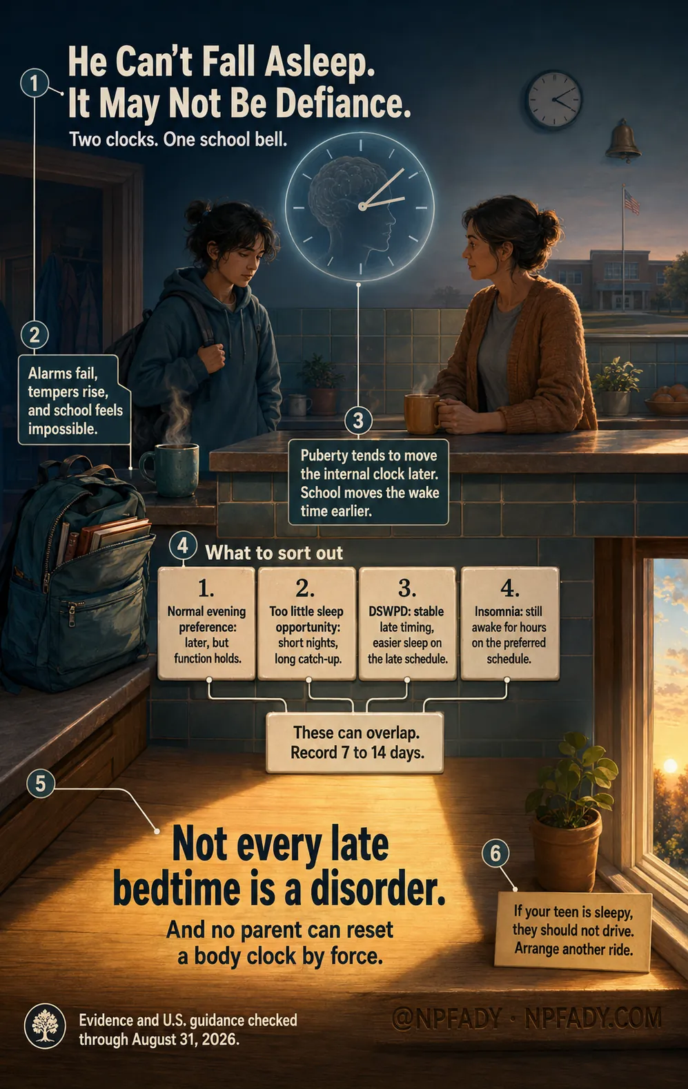 Infographic titled He can't fall asleep, it may not be defiance, subtitled Two clocks, one school bell. A kitchen before dawn shows a teenager with a backpack facing a parent across a counter, with a glowing clock face containing a young person's silhouette between them and a school building outside the window. A plate reads: Alarms fail, tempers rise, and school feels impossible. Another reads: Puberty tends to move the internal clock later. School moves the wake time earlier. A panel headed What to sort out lists four tiles. One: Normal evening preference, later, but function holds. Two: Too little sleep opportunity, short nights, long catch-up. Three: DSWPD, stable late timing, easier sleep on the late schedule. Four: Insomnia, still awake for hours on the preferred schedule. Below them: These can overlap. Record 7 to 14 days. A large line in the light reads: Not every late bedtime is a disorder. And no parent can reset a body clock by force. A card reads: If your teen is sleepy, they should not drive. Arrange another ride. The footer reads: Evidence and U.S. guidance checked through August 31, 2026. At NPFADY, NPFADY.com.