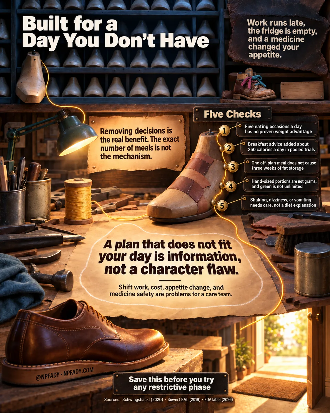 Infographic titled Built for a Day You Don't Have. The scene is a cobbler's workshop: shelves of wooden shoe lasts, a green desk lamp, spools of thread, tools, a patchwork shoe fitted on a last, a finished brown leather shoe in the foreground, and a doorway opening onto sunlight and potted plants. A leather panel at the top right reads: Work runs late, the fridge is empty, and a medicine changed your appetite. A parchment tag reads: Removing decisions is the real benefit. The exact number of meals is not the mechanism. A panel headed Five Checks lists five numbered plates. One: Five eating occasions a day has no proven weight advantage. Two: Breakfast advice added about 260 calories a day in pooled trials. Three: One off-plan meal does not cause three weeks of fat storage. Four: Hand-sized portions are not grams, and green is not unlimited. Five: Shaking, dizziness, or vomiting needs care, not a diet explanation. A large paper pattern on the bench reads: A plan that does not fit your day is information, not a character flaw. Shift work, cost, appetite change, and medicine safety are problems for a care team. A plate near the bottom reads: Save this before you try any restrictive phase. Sources: Schwingshackl, 2020; Sievert, BMJ 2019; FDA label, 2026. The sole of the finished shoe is stamped @NPFADY, NPFADY.COM.