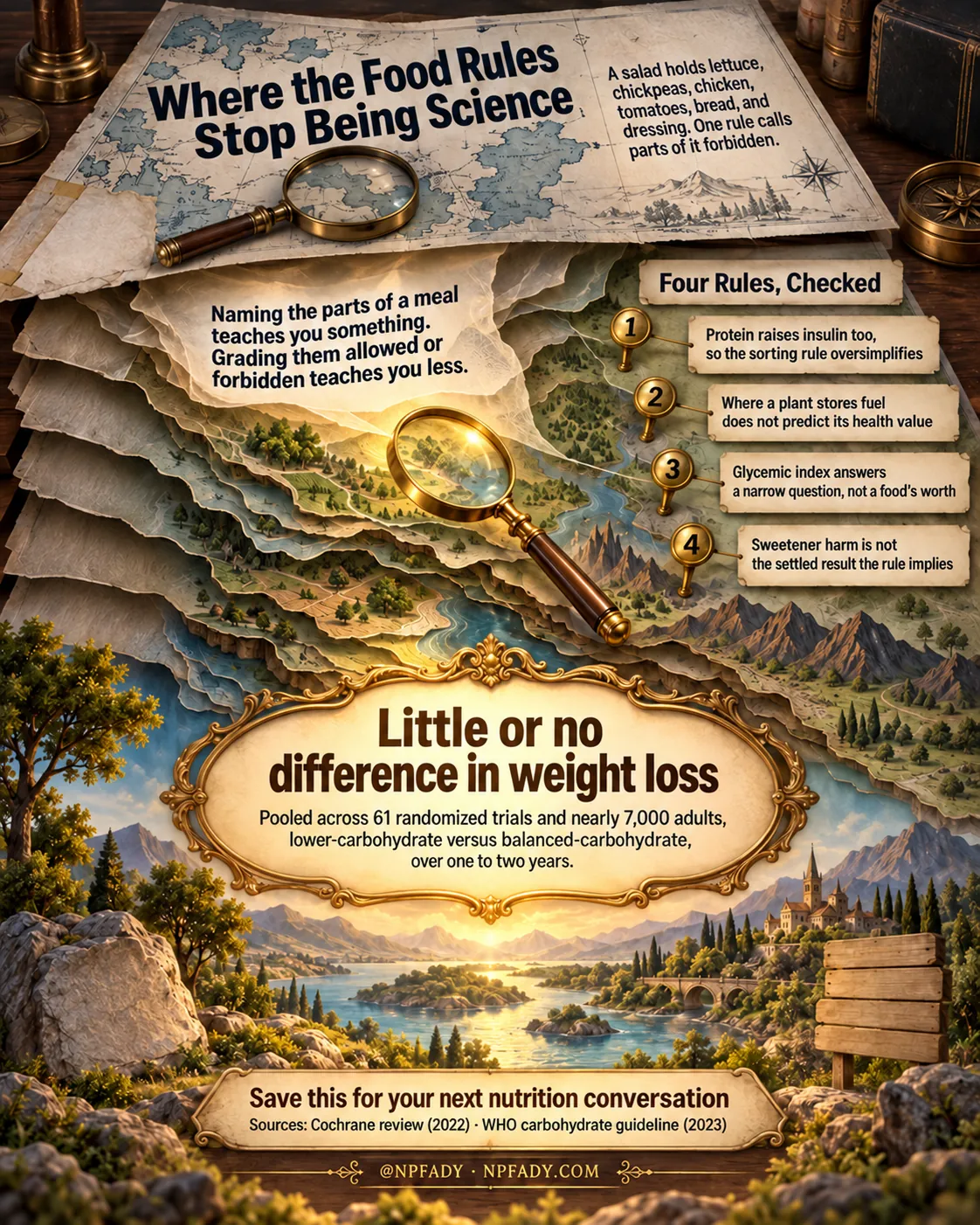 Infographic titled Where the Food Rules Stop Being Science. The scene is a stack of antique maps on a desk with a compass and magnifying glasses; the top layers peel back to reveal a painted landscape of a lake, forested hills, a stone bridge, and a village in golden light. A note beside the title reads: A salad holds lettuce, chickpeas, chicken, tomatoes, bread, and dressing. One rule calls parts of it forbidden. A torn map fragment reads: Naming the parts of a meal teaches you something. Grading them allowed or forbidden teaches you less. A panel headed Four Rules, Checked lists four numbered plates. One: Protein raises insulin too, so the sorting rule oversimplifies. Two: Where a plant stores fuel does not predict its health value. Three: Glycemic index answers a narrow question, not a food's worth. Four: Sweetener harm is not the settled result the rule implies. A large gold-framed plate reads: Little or no difference in weight loss. Pooled across 61 randomized trials and nearly 7,000 adults, lower-carbohydrate versus balanced-carbohydrate, over one to two years. A plate near the bottom reads: Save this for your next nutrition conversation. Sources: Cochrane review, 2022, and WHO carbohydrate guideline, 2023. The brand line at the bottom reads @NPFADY, NPFADY.COM.