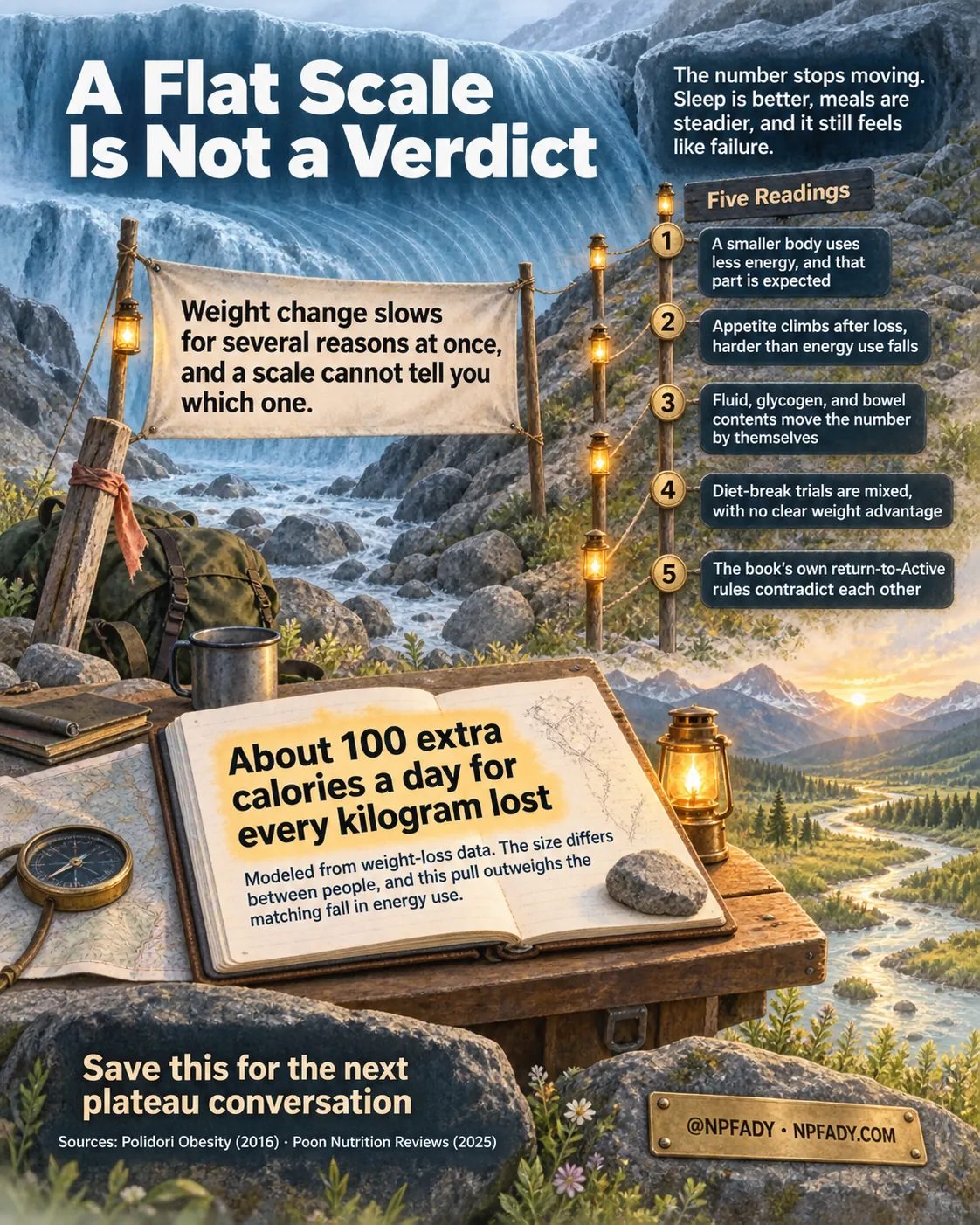 Infographic titled A Flat Scale Is Not a Verdict. The scene is a mountain trail beside a waterfall at sunrise, with a canvas banner strung between posts, lanterns on wooden poles, a backpack and walking stick, and an open field notebook on a wooden table beside a compass, a map, and a stone, with a river valley below. A note at the top right reads: The number stops moving. Sleep is better, meals are steadier, and it still feels like failure. The banner reads: Weight change slows for several reasons at once, and a scale cannot tell you which one. A column headed Five Readings lists five numbered plates. One: A smaller body uses less energy, and that part is expected. Two: Appetite climbs after loss, harder than energy use falls. Three: Fluid, glycogen, and bowel contents move the number by themselves. Four: Diet-break trials are mixed, with no clear weight advantage. Five: The book's own return-to-Active rules contradict each other. The open notebook reads, highlighted: About 100 extra calories a day for every kilogram lost. Modeled from weight-loss data. The size differs between people, and this pull outweighs the matching fall in energy use. Text at the lower left reads: Save this for the next plateau conversation. Sources: Polidori, Obesity 2016, and Poon, Nutrition Reviews 2025. A brass plate at the lower right reads @NPFADY, NPFADY.COM.