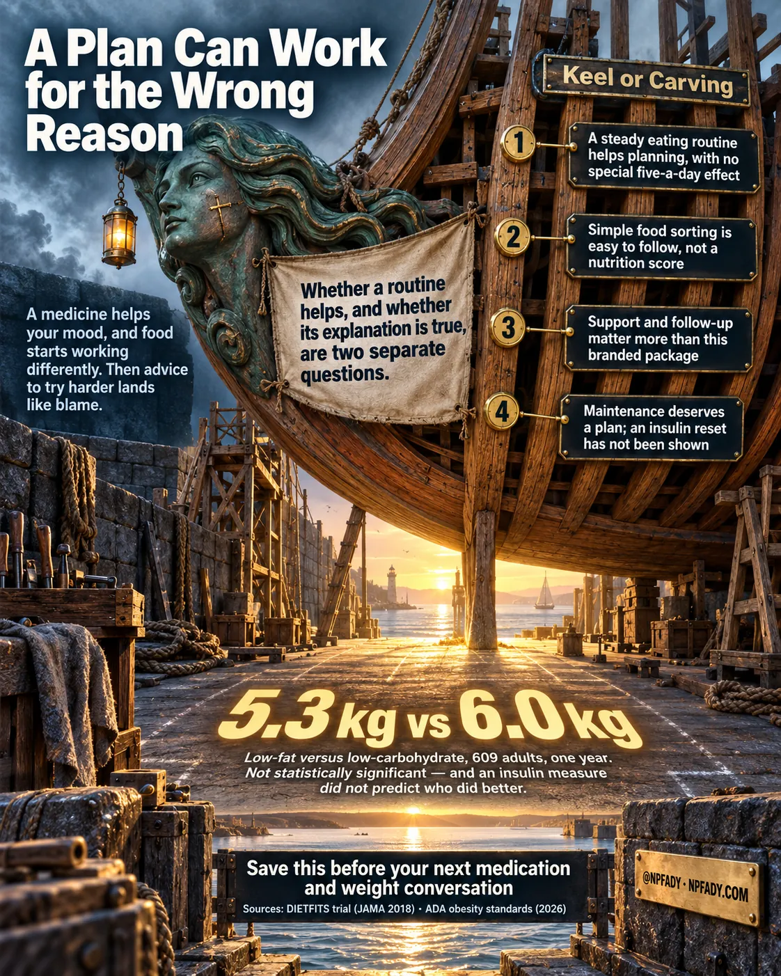 Infographic titled A Plan Can Work for the Wrong Reason. The scene is a wooden ship hull under construction in a stone dry dock at sunset, with a verdigris figurehead of a woman with flowing hair, a hanging lantern, coils of rope, and a lighthouse and sailboat on the water beyond. A caption on the left reads: A medicine helps your mood, and food starts working differently. Then advice to try harder lands like blame. A canvas banner hung on the hull reads: Whether a routine helps, and whether its explanation is true, are two separate questions. A panel on the hull headed Keel or Carving lists four numbered plates. One: A steady eating routine helps planning, with no special five-a-day effect. Two: Simple food sorting is easy to follow, not a nutrition score. Three: Support and follow-up matter more than this branded package. Four: Maintenance deserves a plan; an insulin reset has not been shown. Large golden figures on the dock floor read 5.3 kg vs 6.0 kg, with the note: Low-fat versus low-carbohydrate, 609 adults, one year. Not statistically significant, and an insulin measure did not predict who did better. A plaque near the bottom reads: Save this before your next medication and weight conversation. Sources: DIETFITS trial, JAMA 2018, and ADA obesity standards, 2026. A brass plate at the lower right reads @NPFADY, NPFADY.COM.