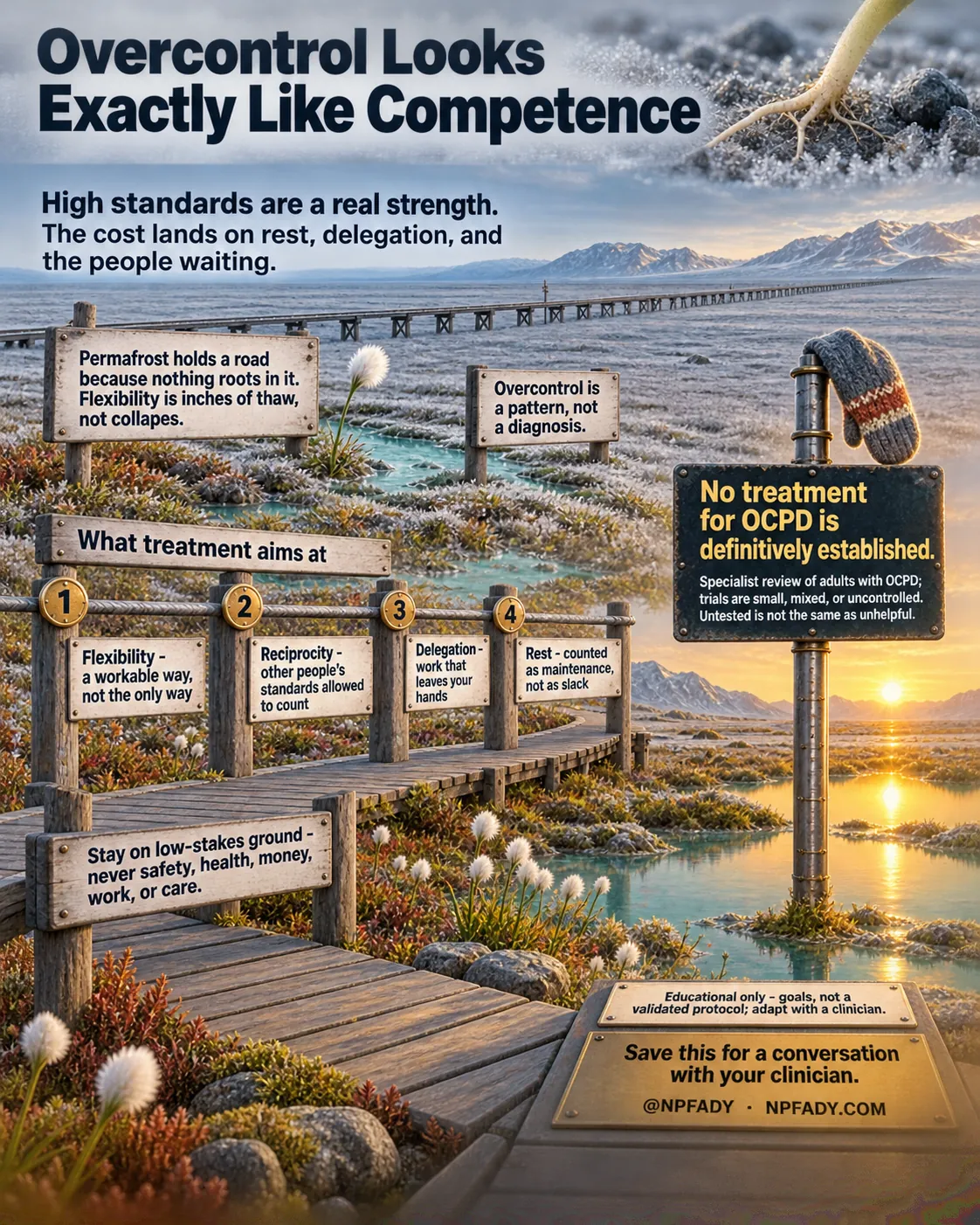 Infographic titled Overcontrol Looks Exactly Like Competence. The scene is a boardwalk crossing thawing tundra at sunset, with cotton grass, a meltwater stream, distant mountains, a long causeway on the horizon, and a mitten hanging from a signpost. Text under the title reads: High standards are a real strength. The cost lands on rest, delegation, and the people waiting. A wooden sign reads: Permafrost holds a road because nothing roots in it. Flexibility is inches of thaw, not collapses. A second sign reads: Overcontrol is a pattern, not a diagnosis. A rail headed What treatment aims at carries four numbered signs: One, Flexibility, a workable way, not the only way. Two, Reciprocity, other people's standards allowed to count. Three, Delegation, work that leaves your hands. Four, Rest, counted as maintenance, not as slack. A lower sign reads: Stay on low-stakes ground, never safety, health, money, work, or care. A dark sign on the right reads: No treatment for OCPD is definitively established. Specialist review of adults with OCPD; trials are small, mixed, or uncontrolled. Untested is not the same as unhelpful. A brass plate reads: Educational only, goals, not a validated protocol; adapt with a clinician. Save this for a conversation with your clinician. At NPFADY, NPFADY.COM.