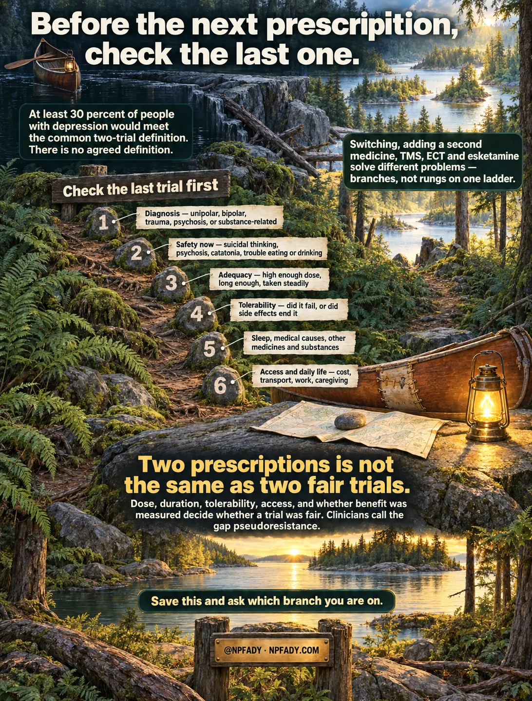 Infographic titled Before the next prescription, check the last one. The scene is a forested lake portage at sunset, with a canoe on the water in the distance, a second canoe pulled onto a rock beside a lantern and an unrolled map, and six numbered stones stepping up a mossy trail. A sign near the top reads: At least 30 percent of people with depression would meet the common two-trial definition. There is no agreed definition. A sign on the right reads: Switching, adding a second medicine, TMS, ECT and esketamine solve different problems, branches, not rungs on one ladder. A wooden board headed Check the last trial first labels the six stones. One: Diagnosis, unipolar, bipolar, trauma, psychosis, or substance-related. Two: Safety now, suicidal thinking, psychosis, catatonia, trouble eating or drinking. Three: Adequacy, high enough dose, long enough, taken steadily. Four: Tolerability, did it fail, or did side effects end it. Five: Sleep, medical causes, other medicines and substances. Six: Access and daily life, cost, transport, work, caregiving. Large golden text on the rock reads: Two prescriptions is not the same as two fair trials. Dose, duration, tolerability, access, and whether benefit was measured decide whether a trial was fair. Clinicians call the gap pseudoresistance. A plate near the bottom reads: Save this and ask which branch you are on. A brass sign reads @NPFADY, NPFADY.COM.