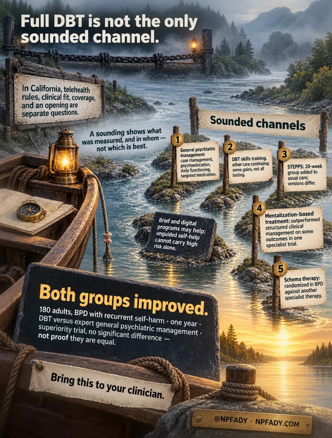 Infographic titled Full DBT is not the only sounded channel. The scene is a misty river at dawn seen from the bow of a wooden boat with a lantern, a compass, and a rolled chart, with a chained log boom across the water and five signposts standing on small islands. A weathered sign on the left reads: In California, telehealth rules, clinical fit, coverage, and an opening are separate questions. Text on the water reads: A sounding shows what was measured, and in whom, not which is best. A banner reads: Sounded channels. Five numbered signposts read: One, General psychiatric management: case management, psychoeducation, daily functioning, targeted medication. Two, DBT skills training, other care continuing: some gains, not all lasting. Three, STEPPS: 20-week group added to usual care; versions differ. Four, Mentalization-based treatment: outperformed structured clinical management on some outcomes in one specialist trial. Five, Schema therapy: randomized in BPD against another specialist therapy. A dark rock in the channel reads: Brief and digital programs may help; unguided self-help cannot carry high risk alone. A slate on the bow reads: Both groups improved. 180 adults, BPD with recurrent self-harm, one year, DBT versus expert general psychiatric management, superiority trial, no significant difference, not proof they are equal. A tag reads: Bring this to your clinician. A brass plate reads: At NPFADY, NPFADY.COM.