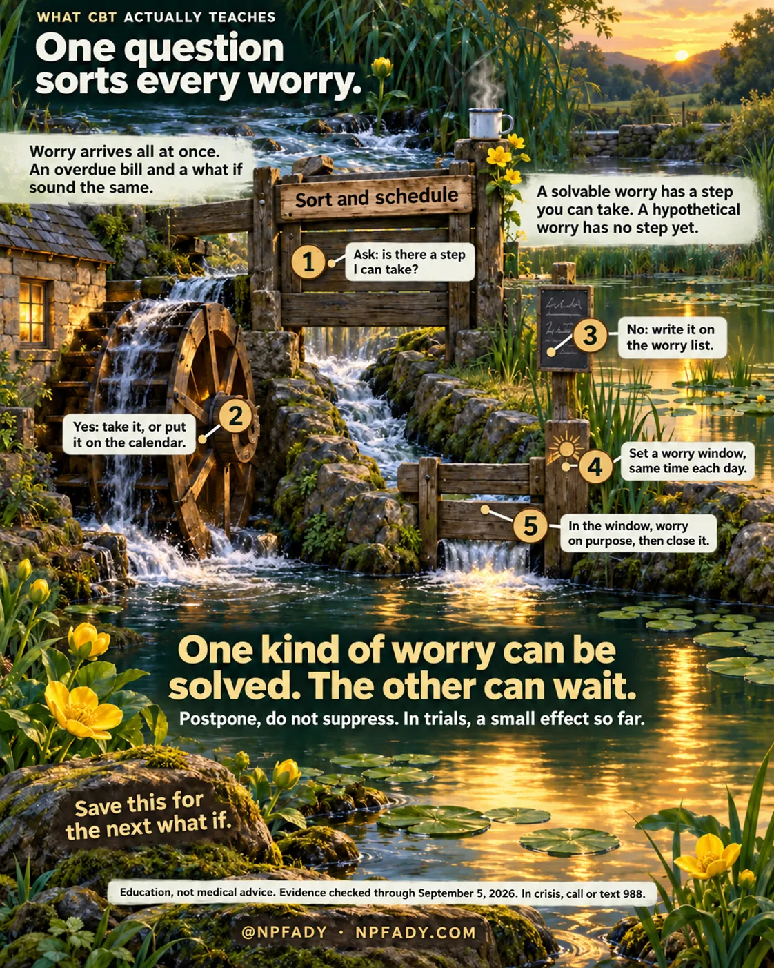 The image is one continuous painted scene of a stone mill at golden hour: water rushes through a wooden sluice gate and over a waterwheel into a calm lily pond, with yellow flowers, a steaming mug on a post and a sunset behind the hills. Reading top to bottom. Series label: What CBT Actually Teaches. Headline: One question sorts every worry. Context: Worry arrives all at once. An overdue bill and a what if sound the same. Core idea: A solvable worry has a step you can take. A hypothetical worry has no step yet. Under the heading Sort and schedule, five numbered markers on the sluice, the wheel and the gates carry five items: one, ask: is there a step I can take?; two, yes: take it, or put it on the calendar; three, no: write it on the worry list; four, set a worry window, same time each day; five, in the window, worry on purpose, then close it. The highlighted conclusion over the pond reads: One kind of worry can be solved. The other can wait. With the qualifier: Postpone, do not suppress. In trials, a small effect so far. Closing lines: Save this for the next what if. Education, not medical advice. Evidence checked through September 5, 2026. In crisis, call or text 988. Signed @NPFADY, NPFADY.COM.